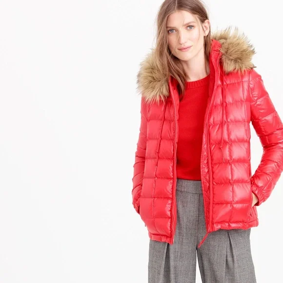 J. Crew Short Quilted Down Puffer Jacket with Faux Fur Trim Hood in Red - M - Picture 1 of 15